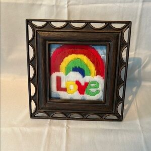 Framed Rainbow Love Long Stitch Needlepoint Art in Frame 8 1/2” x 8 1/2”
